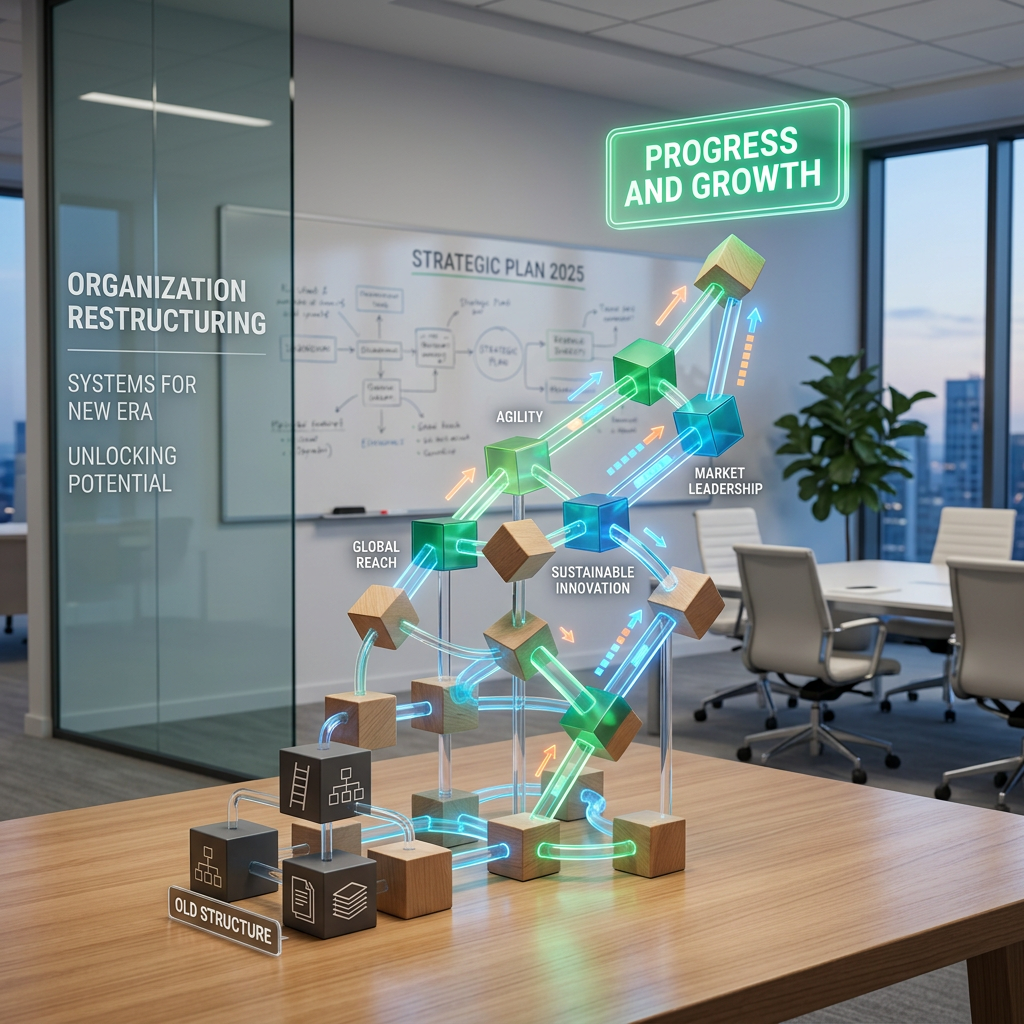 3D model showing organizational restructuring concepts like global reach, agility, sustainable innovation, and market leadership