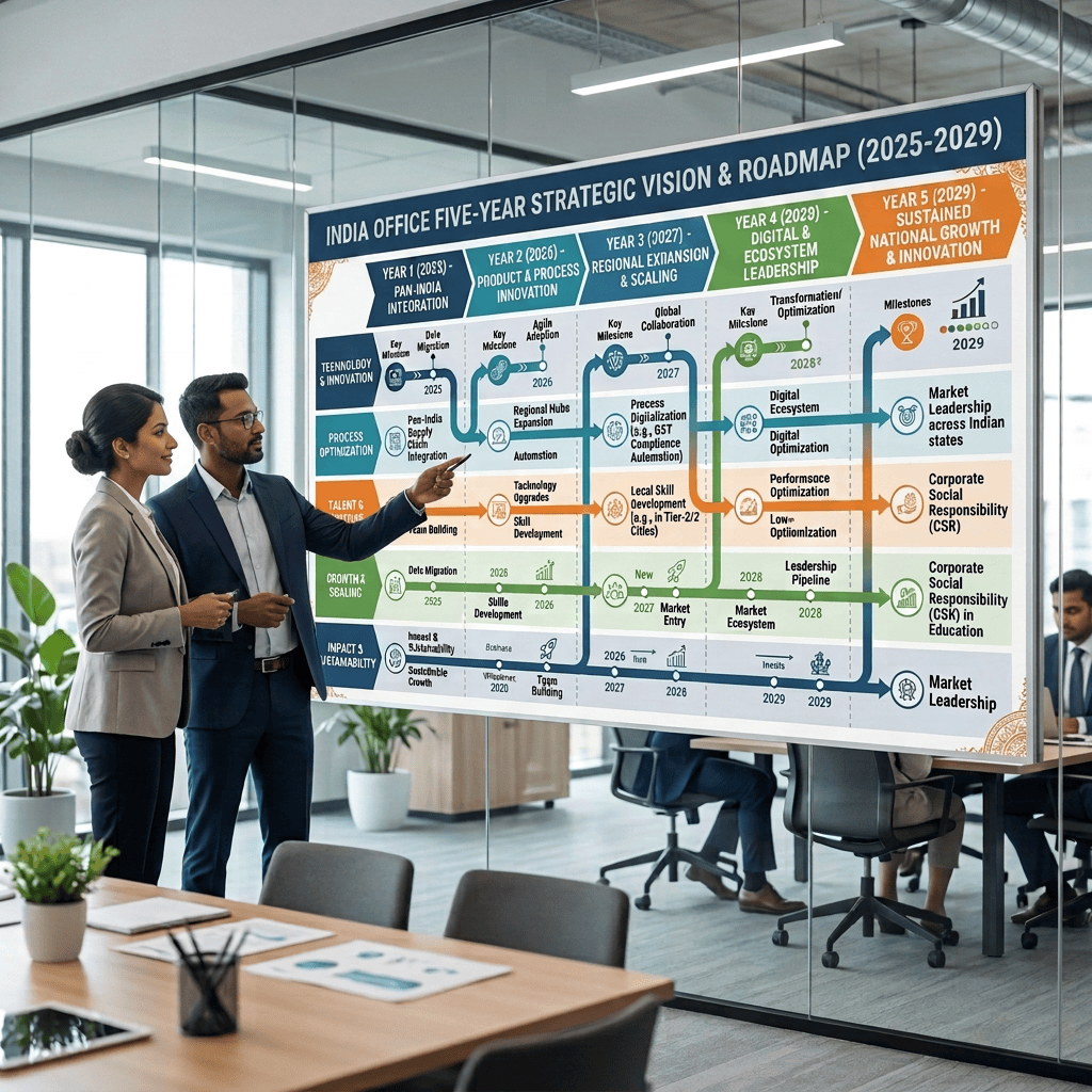 Five-year strategic vision and roadmap chart from 2025 to 2029 showing milestones and goals for technology, process, talent, growth, and impact