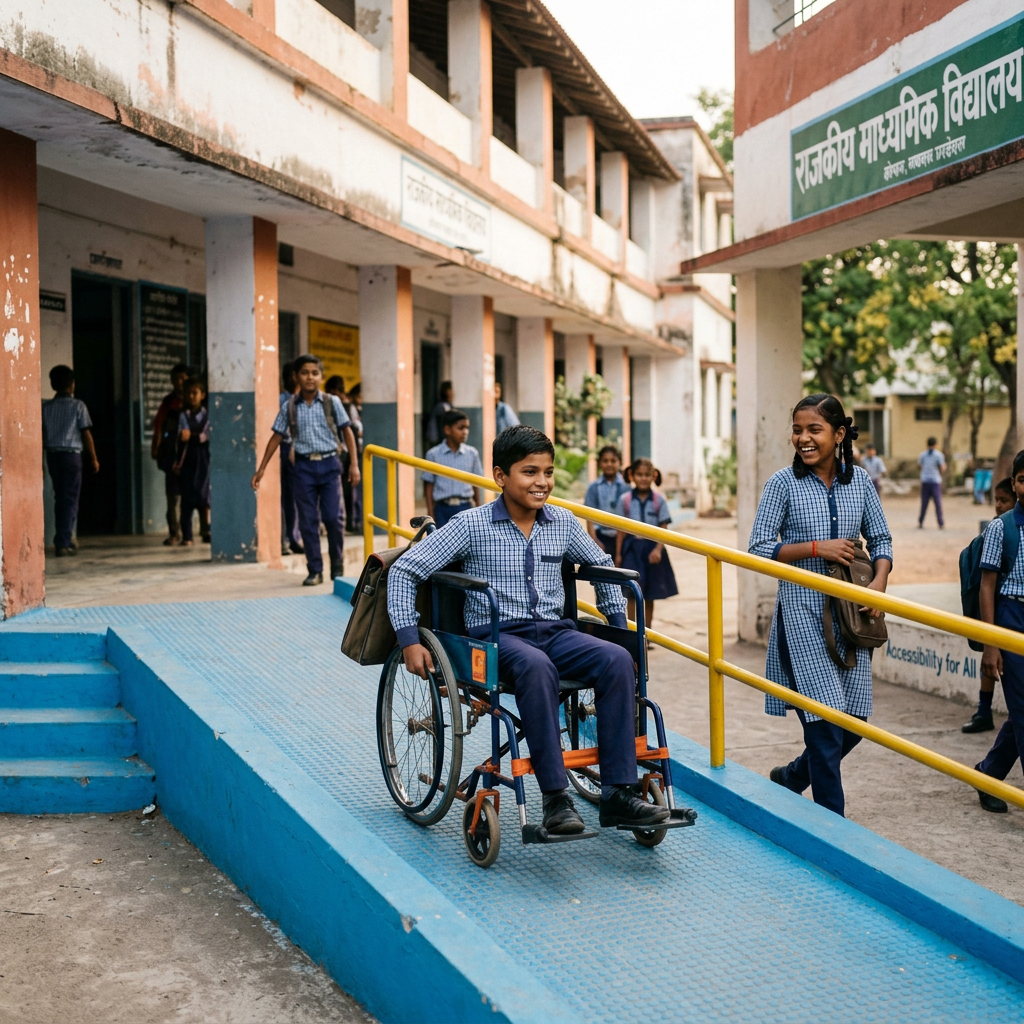Boy in wheelchair using a school ramp with fellow students walking nearby